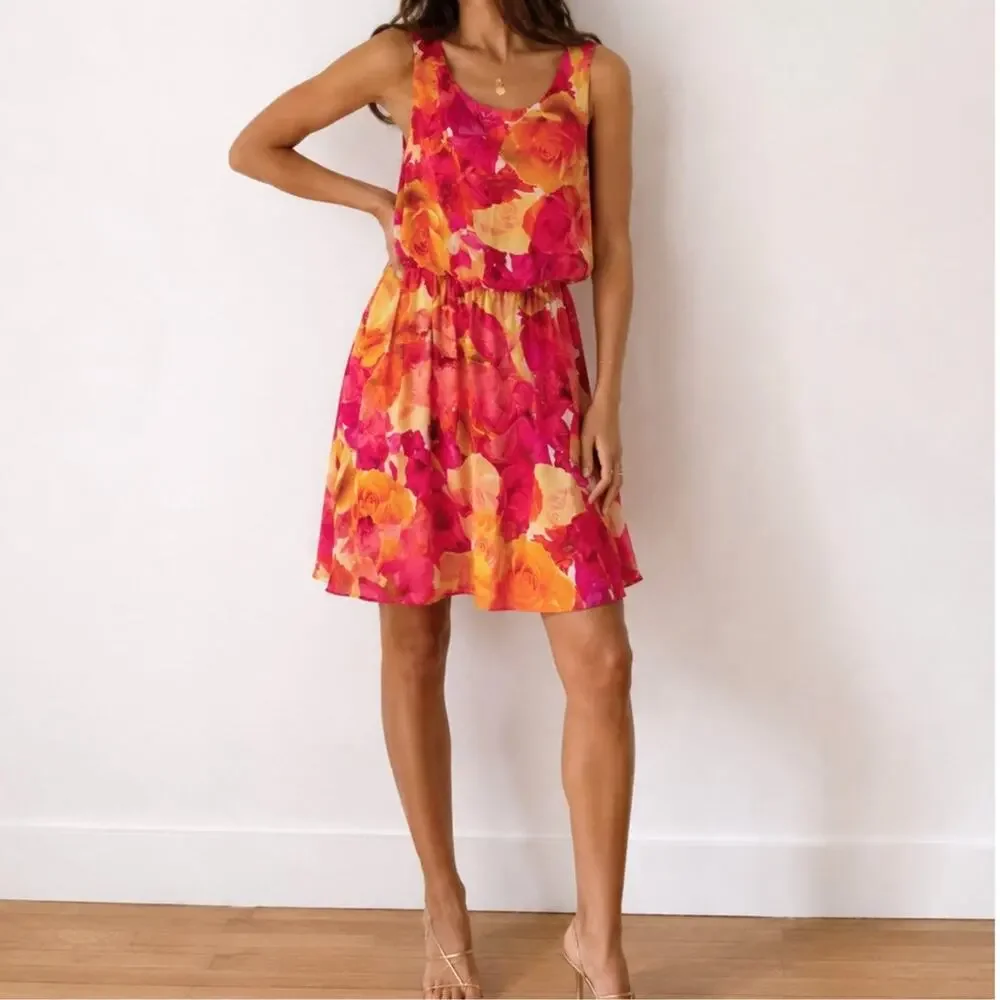 Alice + Olivia Floral Sleeveless Mini Dress Pink Orange Rose Romantic Cottage-M